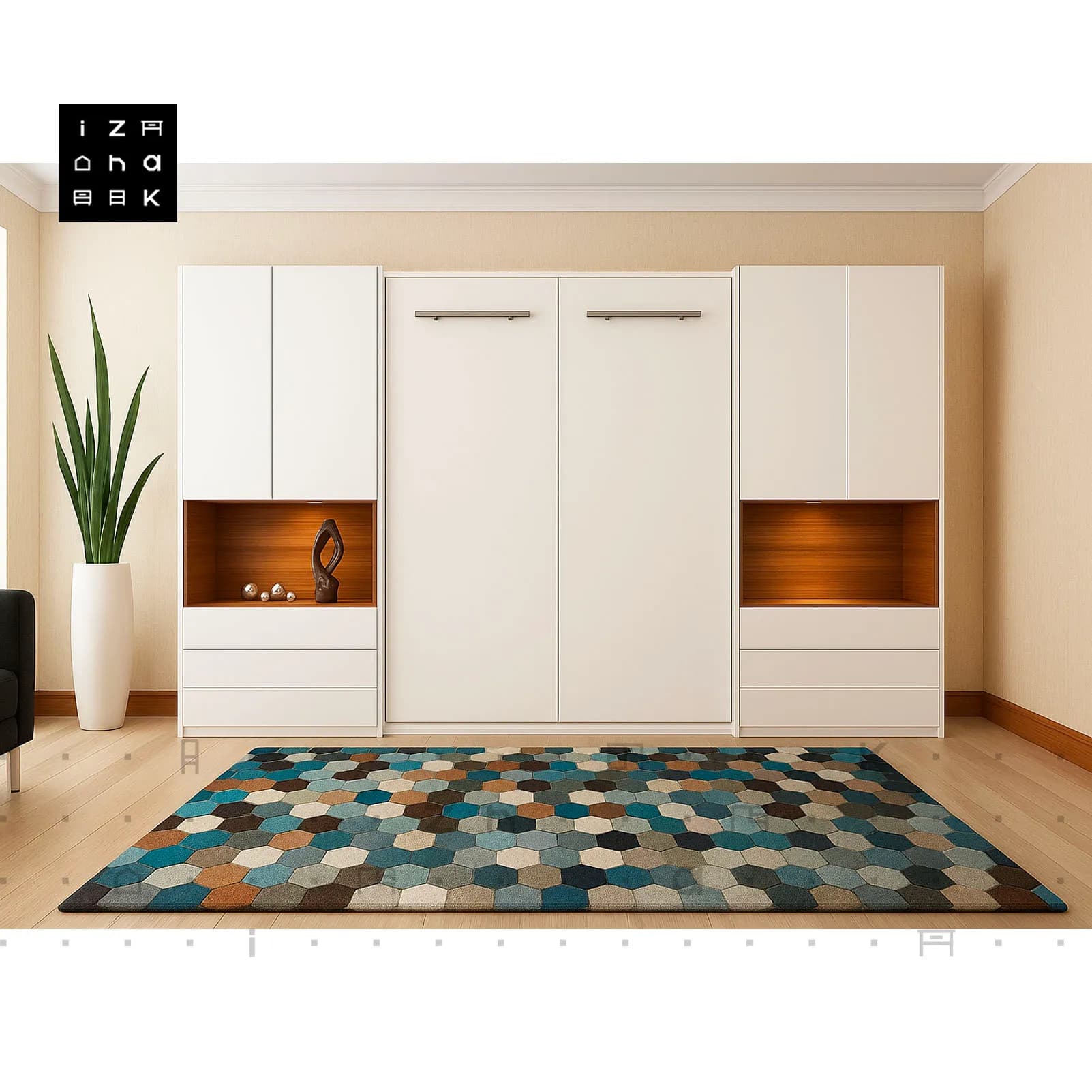 تخت خواب دو نفره کمجا تاشو کمدی ام دی اف مدل پرهون