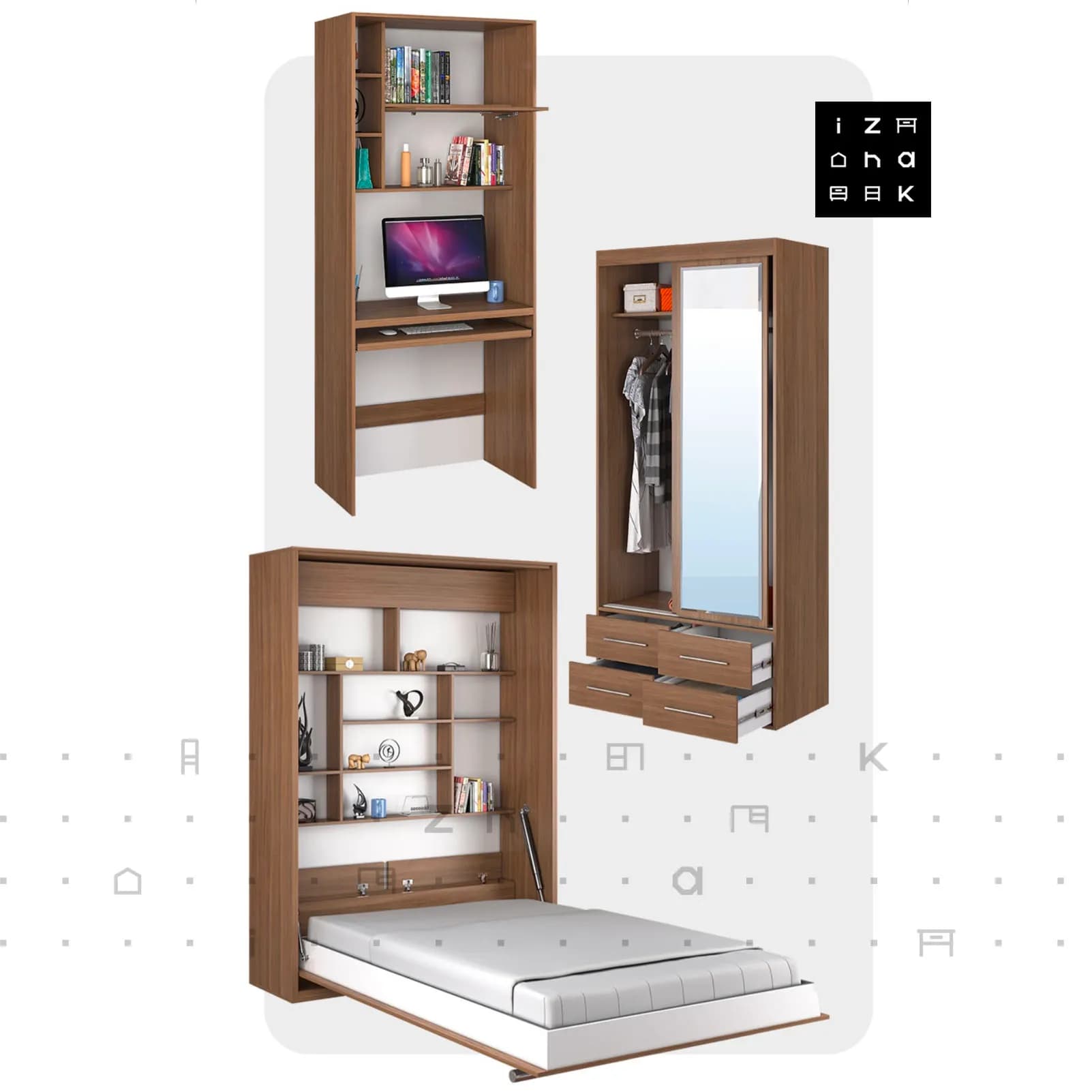 تخت خواب دو نفره کمجا تاشو کمدی میز تحریر دار ام دی اف مدل داریو