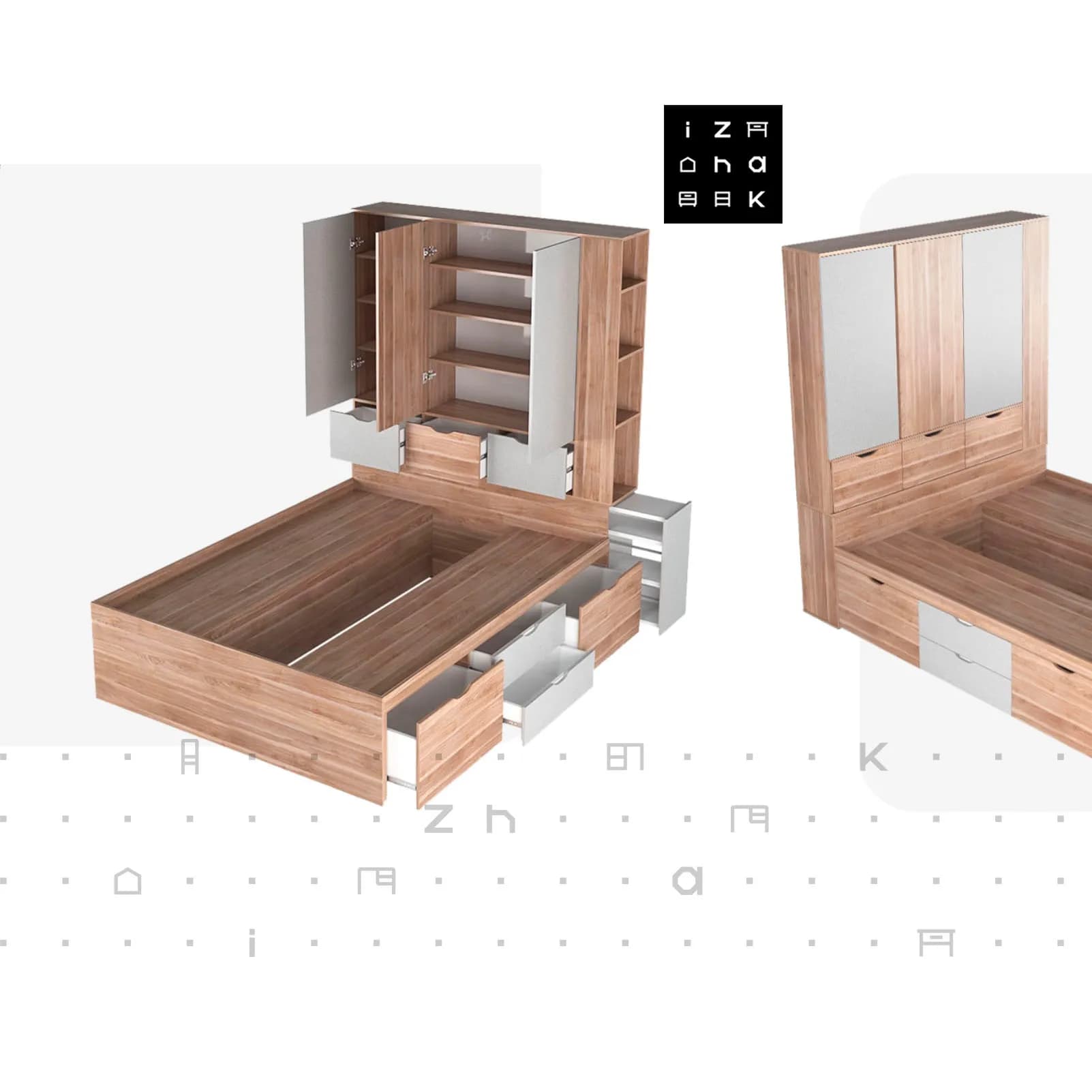 تخت خواب دو نفره کمد دار ام دی اف مدل پارسا