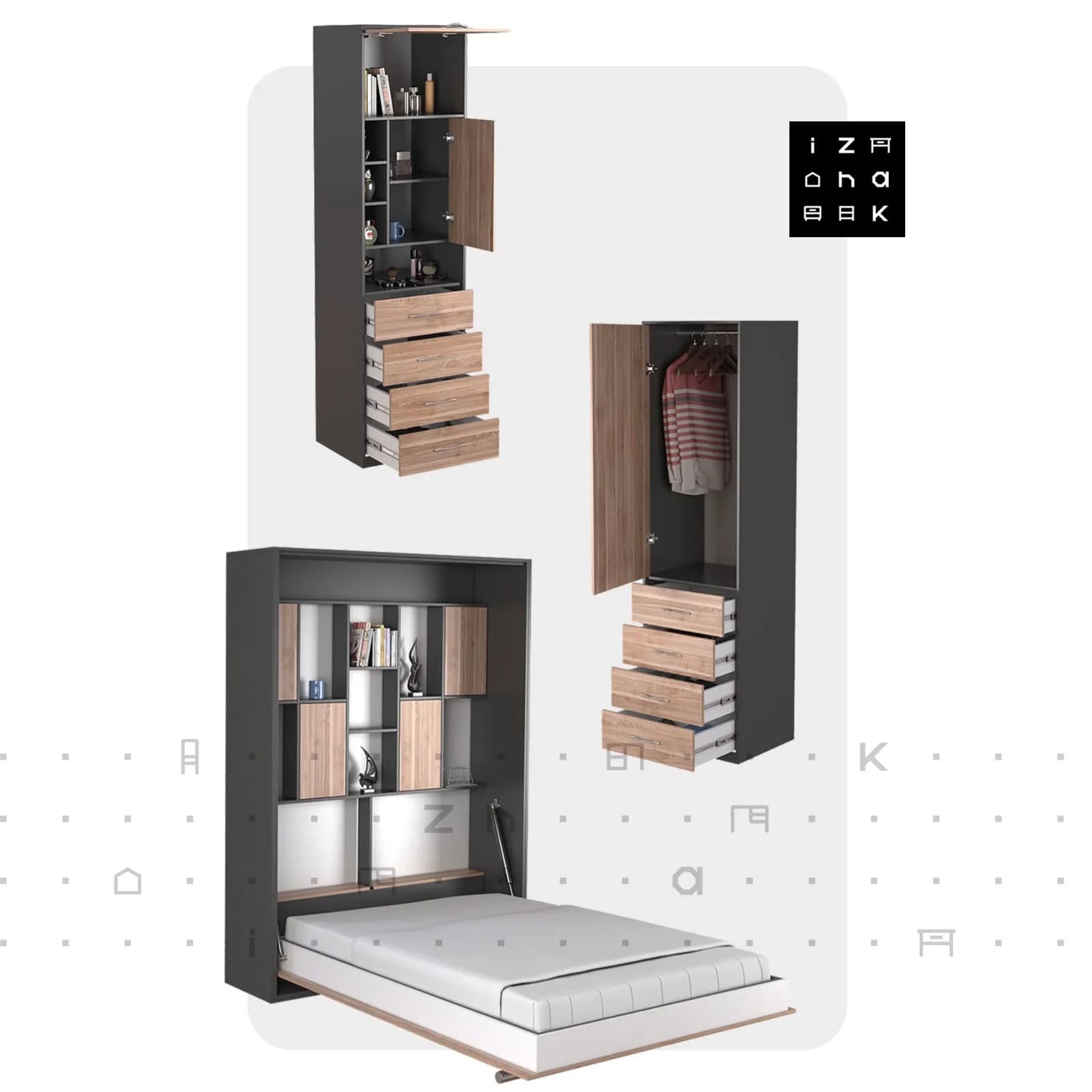 تخت خواب دو نفره کمجا تاشو کمدی ام دی اف مدل مهان