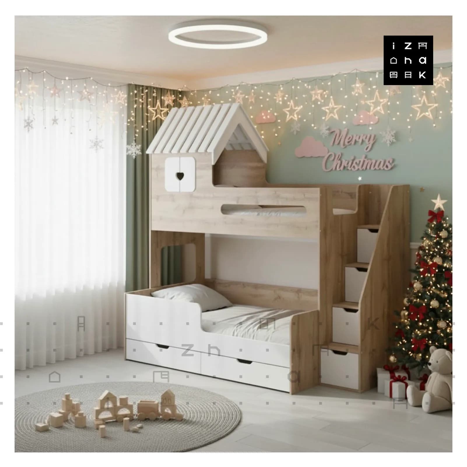 تخت خواب دو طبقه نوجوان با دکور کلبه مدل اورانوس