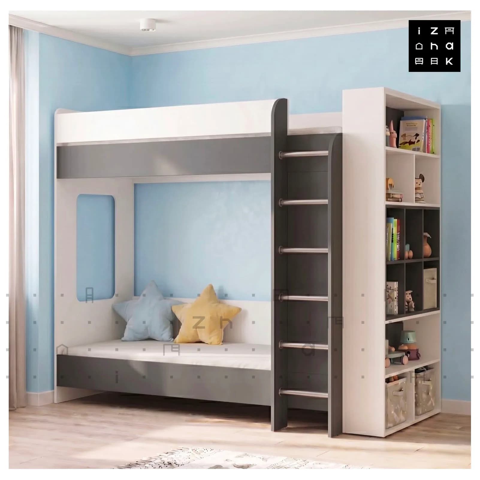 تخت خواب دو طبقه کتابخانه دار مدل سانیل
