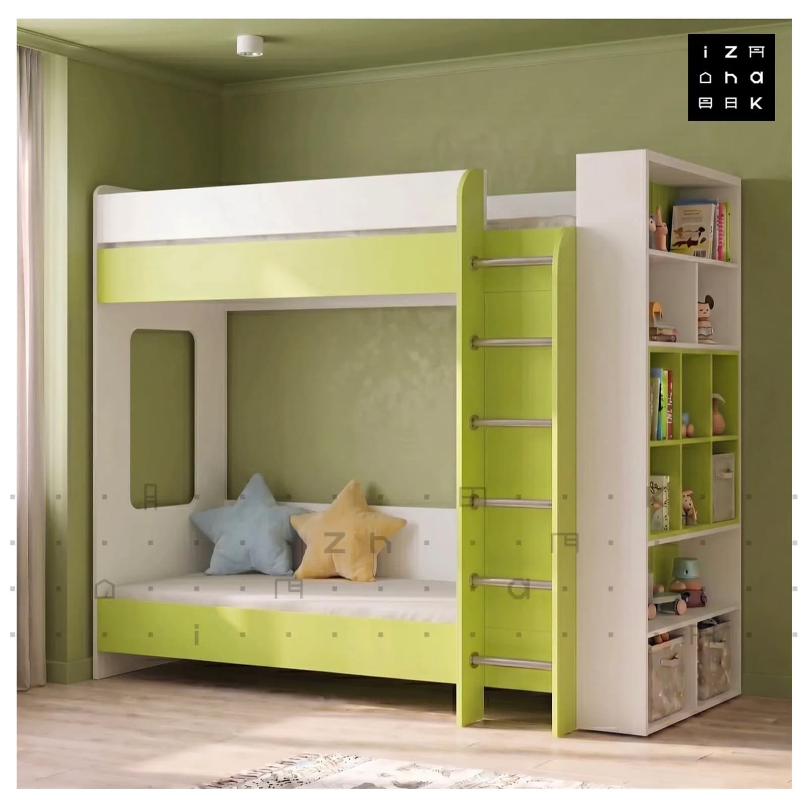 تخت خواب دو طبقه سبز و سفید با کتابخانه مدل سانیل