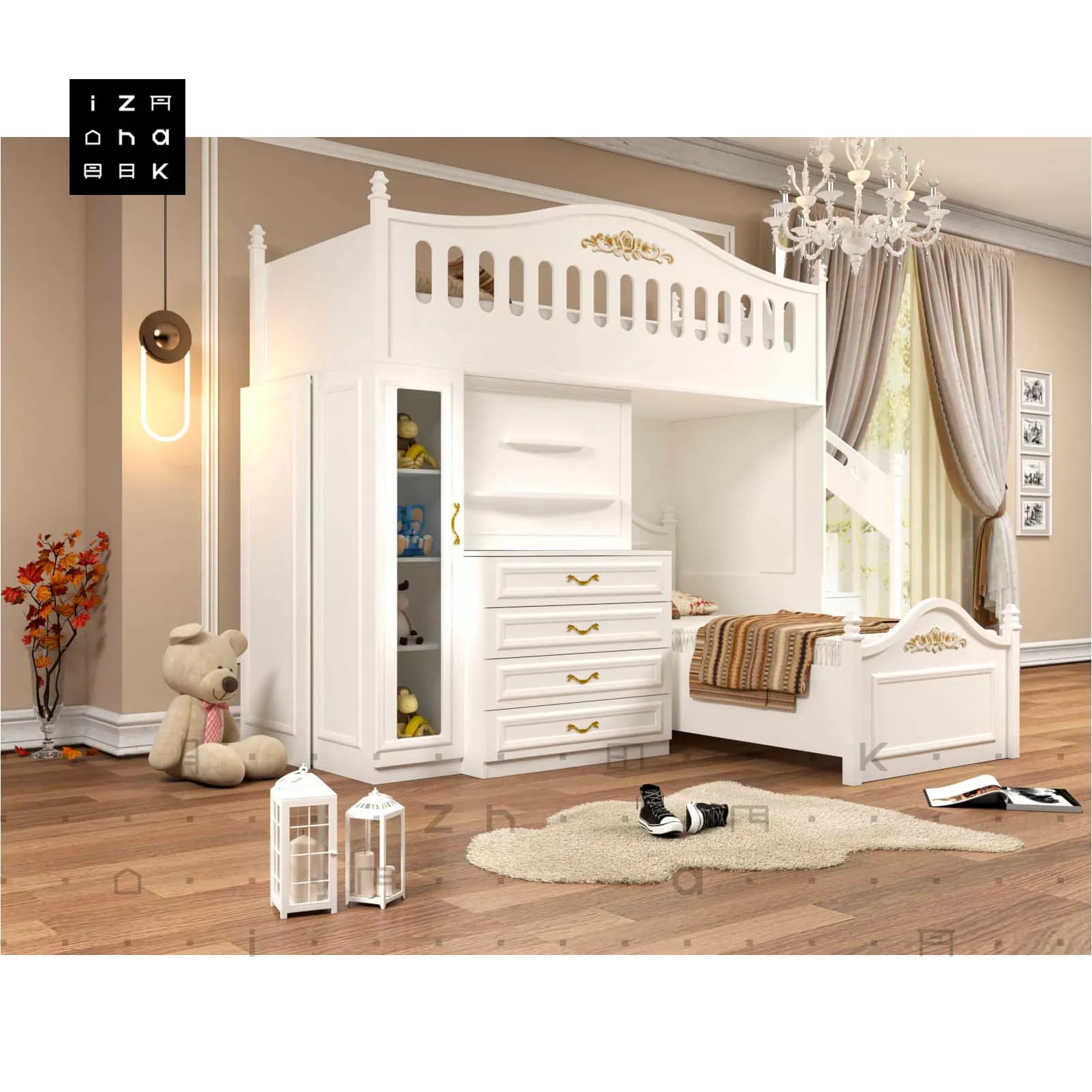 تخت خواب دو طبقه all in one دخترانه مدل لیدی