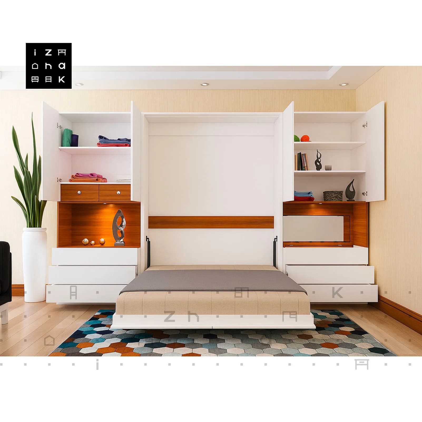 تخت خواب دو نفره کمجا تاشو کمدی ام دی اف مدل پرهون