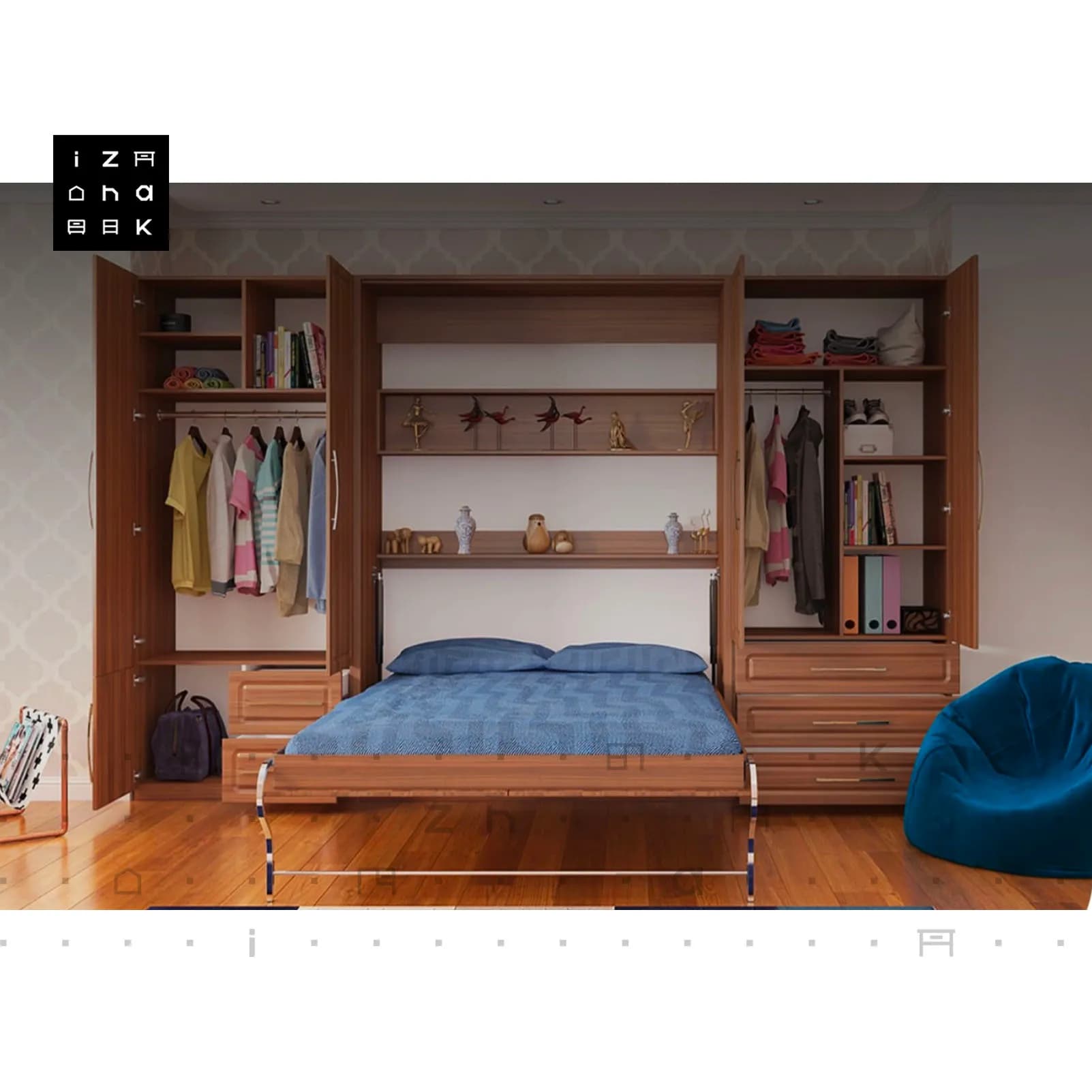 تخت خواب دو نفره کمجا تاشو کمدی ممبران مدل ویلا