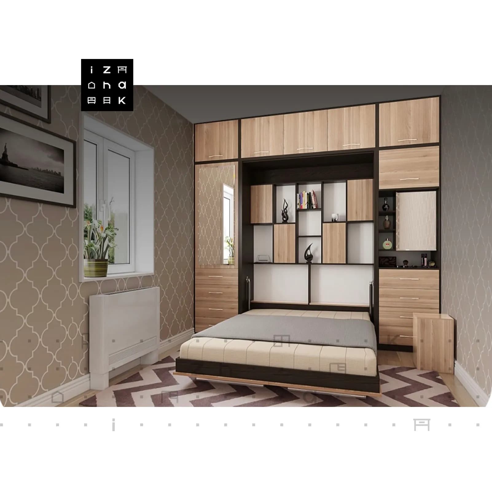 تخت خواب دو نفره کمجا تاشو کمدی ام دی اف مدل مهان