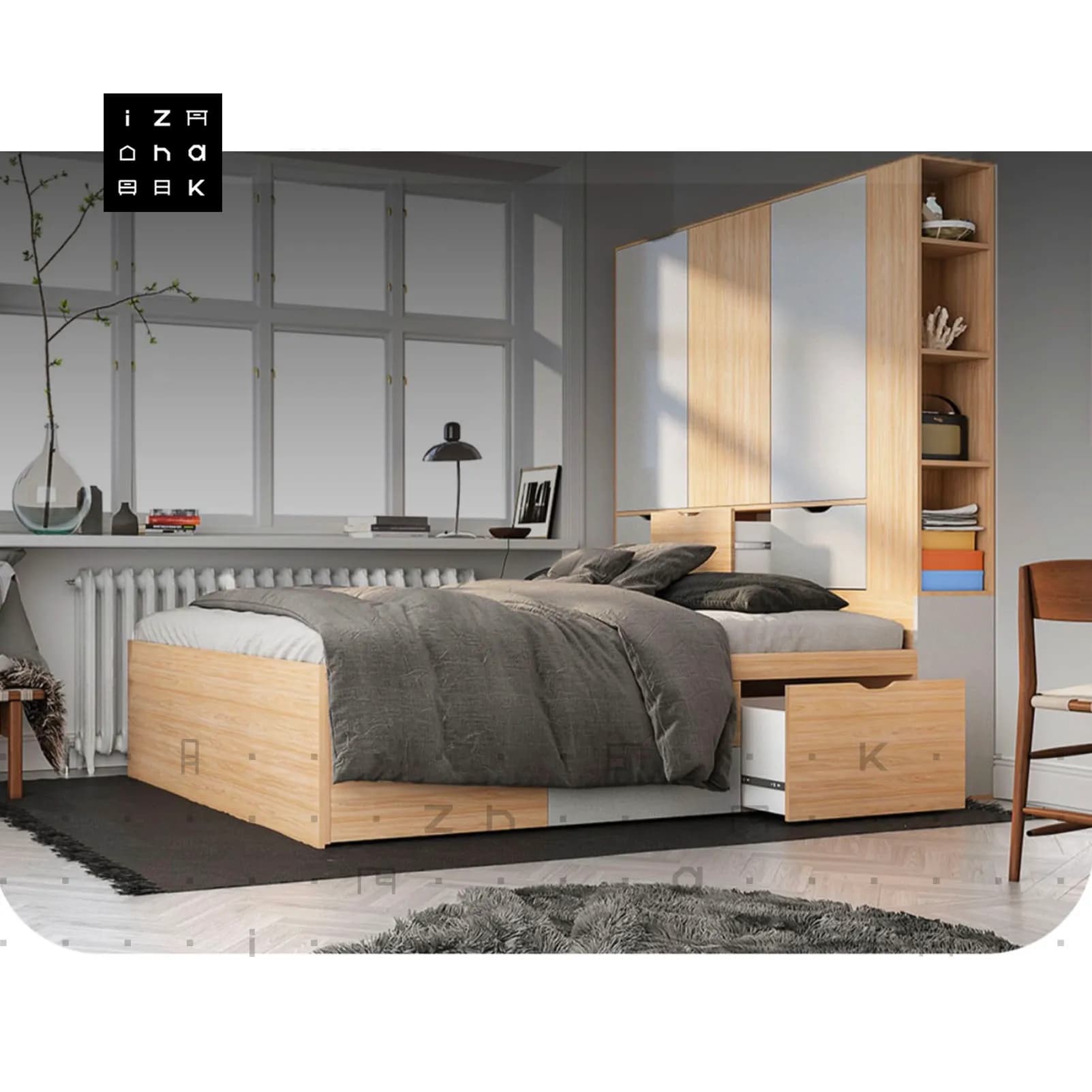 تخت خواب دو نفره کمد دار ام دی اف مدل پارسا