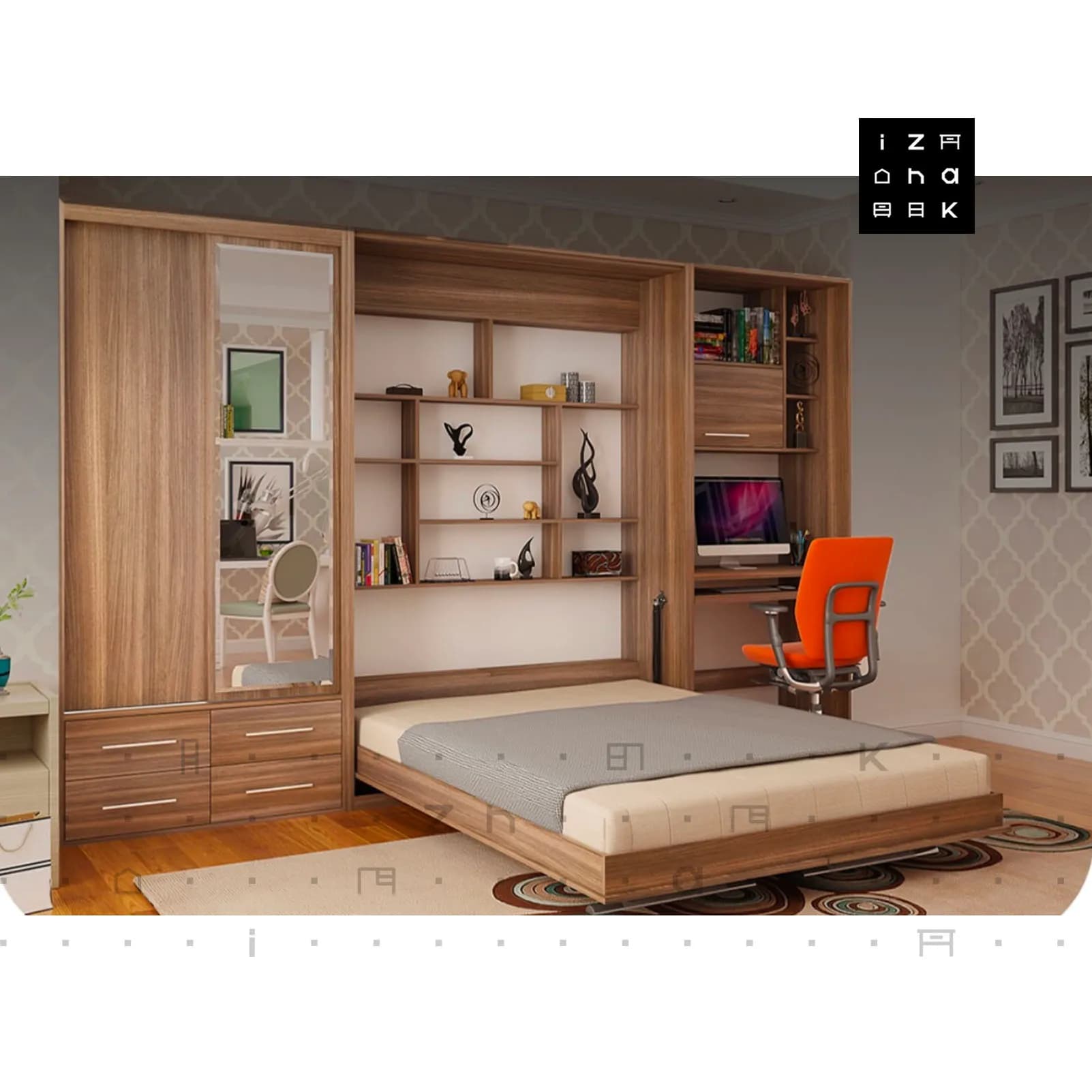 تخت خواب دو نفره کمجا تاشو کمدی میز تحریر دار ام دی اف مدل داریو