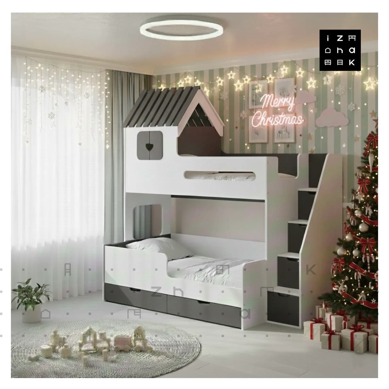 تخت خواب دو طبقه نوجوان با دکور کلبه مدل اورانوس